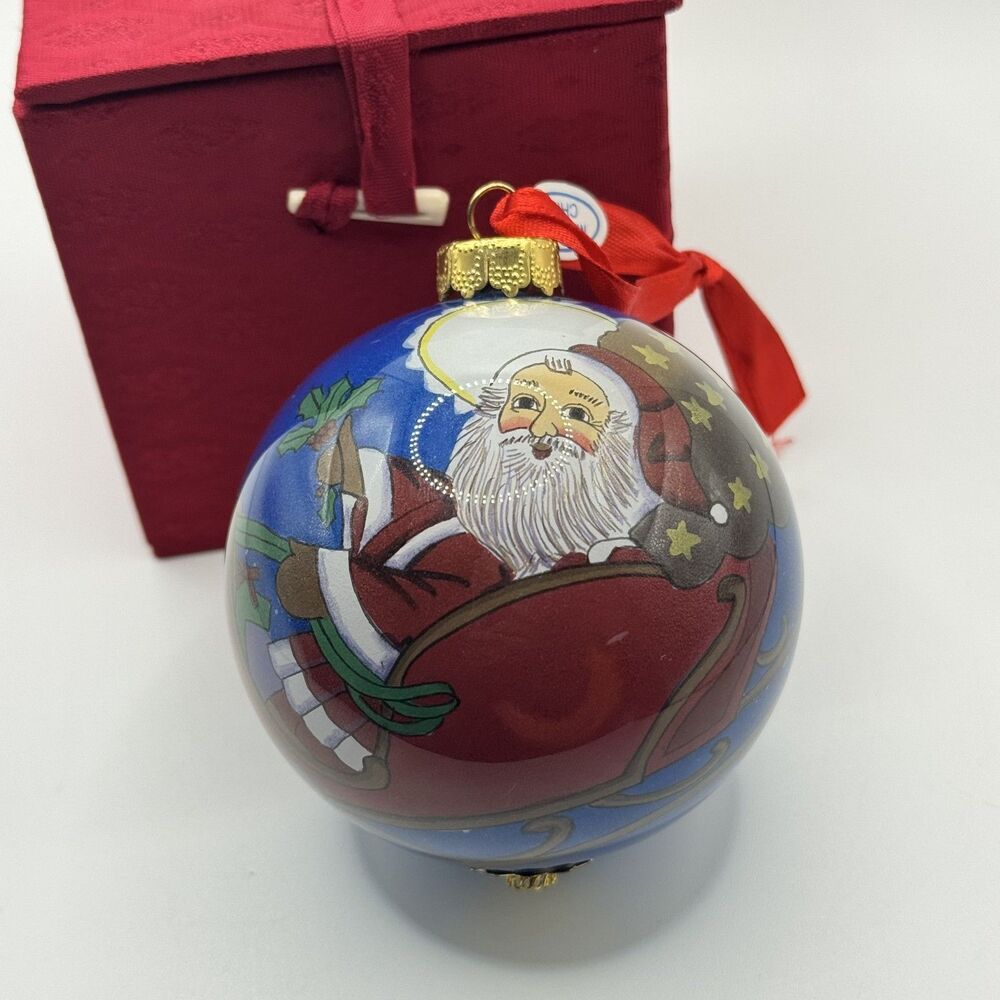 Vintage Pier 1 Li Bien Santa Sleigh Reindeer Inside Painted Glass Ornament